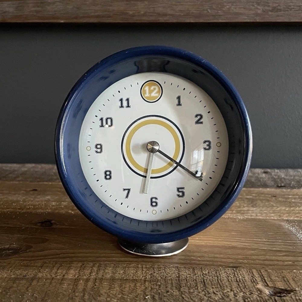 Rare Vtg POTTERY BARN KIDS Retro Analog Alarm Clock Blue Chrome Gold Push Button